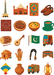 Colorful set of Pakistani culture and food icons including traditional dishes, truck art, musical instruments, national flag, chai, roti, and cultural dress. Perfect for cultural designs.