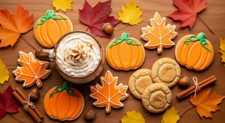 Autumn coffee flat lay with pumpkin and maple leaf cookies, cinnamon, and fall leaves for seasonal bakery and holiday concepts