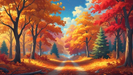 Autumn forest landscape trees fall foliage nature scenic colorful vibrant season path leaves outdoors