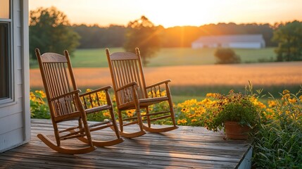 Tranquil rocking chairs on porch at sunset