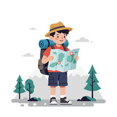 Obraz premium Boy backpacker traveler exploring map hiking in nature outdoors with mountains and trees 