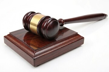 Obraz premium Dark brown wooden gavel on stand, symbolizing justice, authority, and law. Ideal for legal concepts, attorneys, business decisions, government rulings, auctions, contracts, and courtroom visuals.
