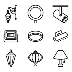 Fototapeta premium A collection of decorative lighting icons. Thin line style vectors. Contains icons such as garden lights, night lights, and more.