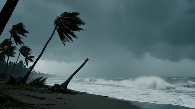 Violent storm batters tropical beach with crashing waves and wind-whipped palm trees