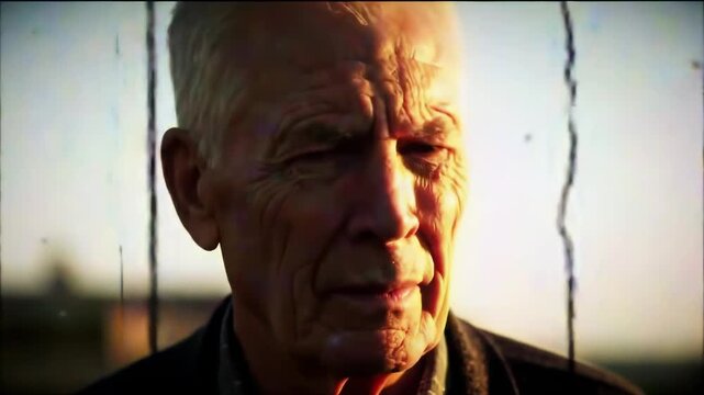 A cinematic and poignant portrait of a thoughtful elderly man reflecting on a lifetime of memories