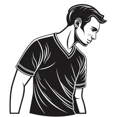 Stylized black and white illustration of a young man looking down
