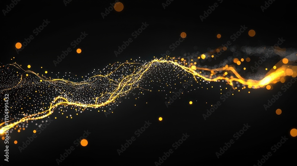 Poster a mesmerizing abstract image featuring glowing golden waves and particles against a dark background,