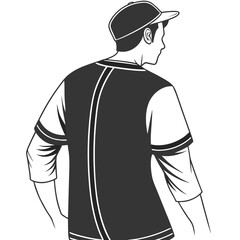 Man wearing a baseball jersey and cap from behind