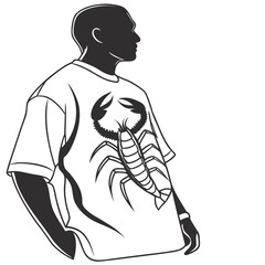 Silhouette of a man wearing a t shirt with a scorpion graphic