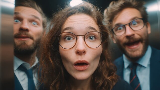 Three friends in suits enjoy a drink together inside a metallic Elevator, celebrating success after a long workday in the Evening