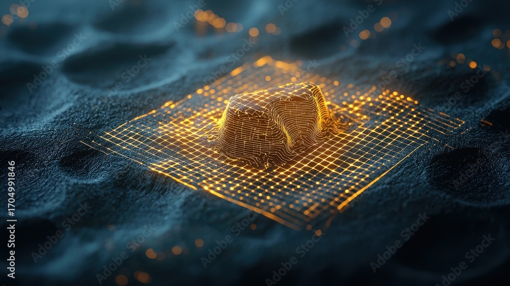 Poster a glowing digital cube sits atop a textured surface, surrounded by a mesh of glowing lines, creating