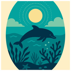 Dolphin swimming at sea – minimal underwater landscape