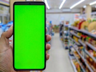 Hand holding smartphone with green screen in a grocery store aisle