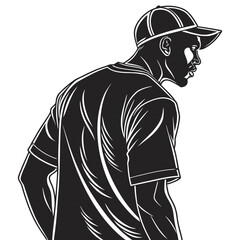 Stylized black and white illustration of a man wearing a baseball cap
