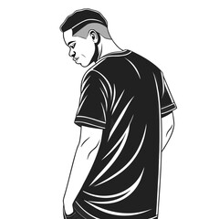 Stylized black and white illustration of a young man looking down