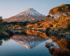 Mountain reflected in tranquil lake at sunrise
