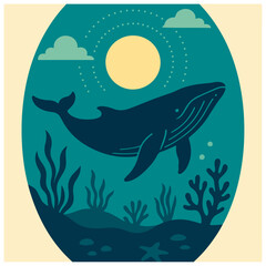 Humpback whale swimming – underwater reef, oval frame