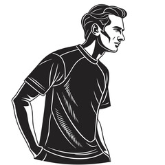 Stylized black and white illustration of a man in a t shirt