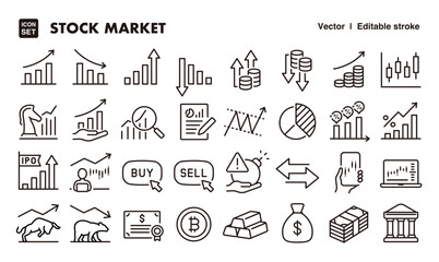 Fototapeta premium Stock market line icon set. Vector editable stroke icon.