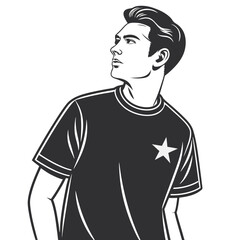 Stylized man in a dark t shirt with a star emblem