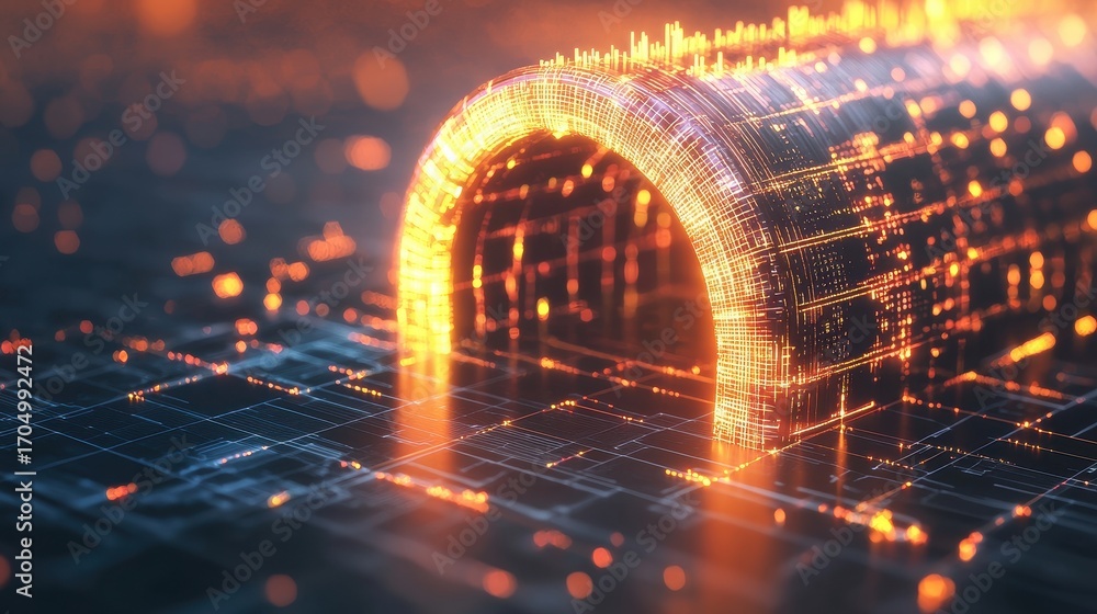 Poster a glowing digital tunnel made of intricate patterns and lights, symbolizing advanced technology and 