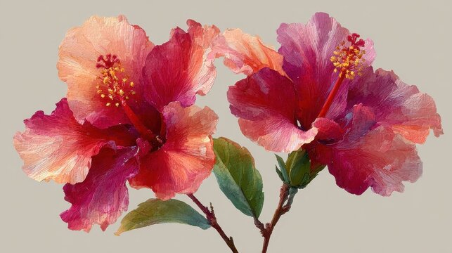 Three pink and red hibiscus flowers painted with watercolor on a white background - Powered by Adobe