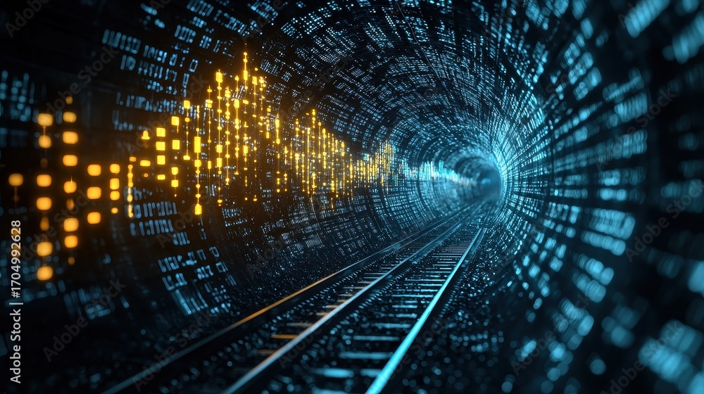 Poster a digital tunnel scene with glowing lines and binary code, suggesting a futuristic or technological 