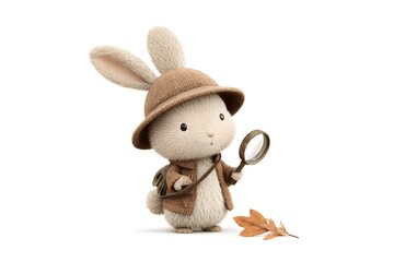 Obraz premium A bunny scout wearing a tiny hat carrying a magnifying glass to study leaves on the ground, 3d animation, isolated on a white background