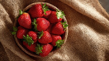 Fresh strawberries in a basket on burlap