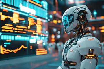 Fototapeta premium A futuristic financial hub in a cyberpunk world, robotic traders monitoring glowing stock market charts, high-speed AI-driven economy, immersive 3D visual