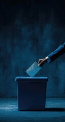 Person casting ballot into blue box