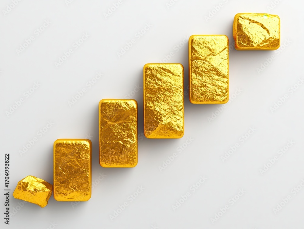 Poster a row of shiny gold bars arranged in a diagonal line, showcasing their reflective surfaces and disti