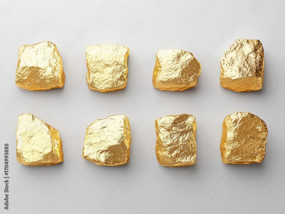 Poster the image features eight irregularly shaped gold nuggets arranged in two rows on a neutral backgroun