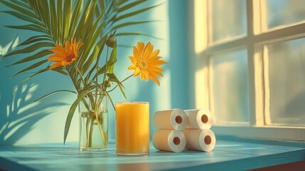 Tropical flowers, candle, and toilet paper by window