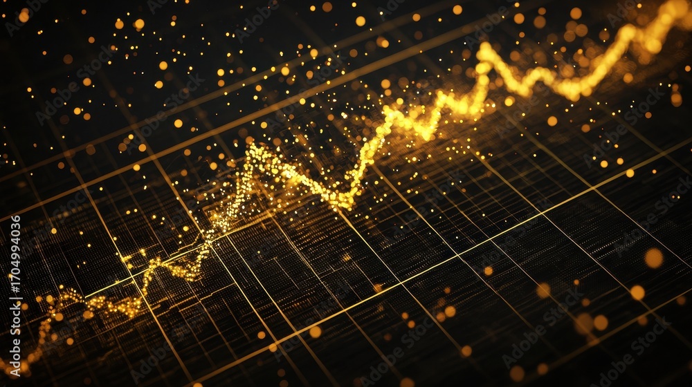Poster a dynamic graphic showcasing a golden trend line with glowing particles against a dark background, s