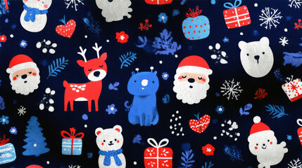 A blue and red patterned fabric with a variety of animals and a santa Claus. The animals include a bear, a deer, and a dog. The pattern is festive and cheerful, with the animals
