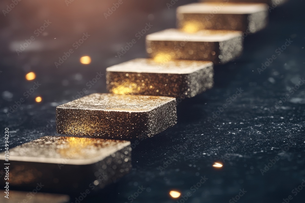 Poster a row of shimmering gold bars on a dark surface, sparkling with light reflections, creating a sense 