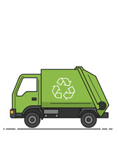 Green recycling truck with recycle symbol on the side, vector illustration.