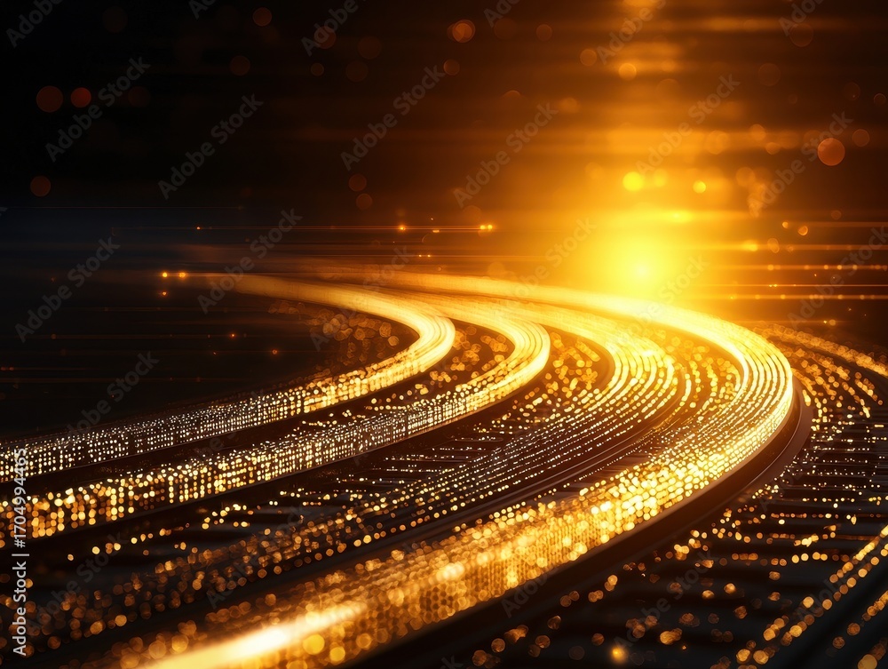 Poster a dynamic, glowing path curves through a dark background, illuminated by golden light, creating a se