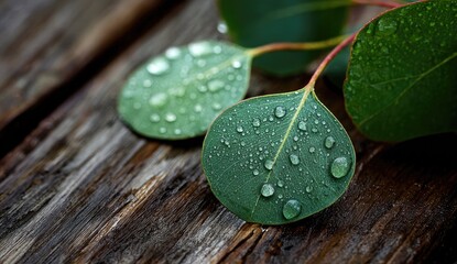 Delicate eucalyptus leaves with water droplets on weathered wood