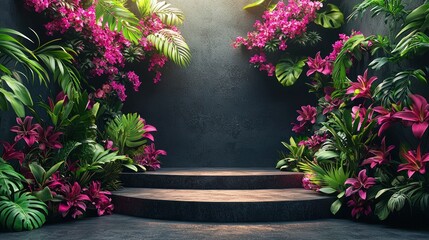 Tropical podium surrounded by vibrant foliage