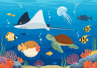 Fototapeta premium Colorful underwater scene with diverse marine life and coral reef ecosystems