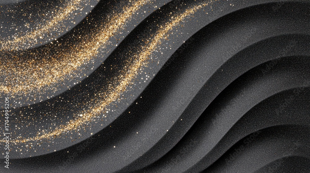 Poster a close-up of dynamic black waves adorned with shimmering golden particles, creating a striking cont