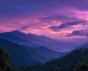 Misty mountain range at vibrant sunset (1)