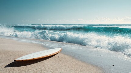 Surfboard on sandy beach, ocean waves (5)