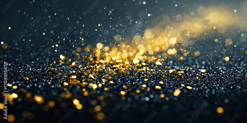 Poster a captivating display of shimmering particles in gold and silver tones, creating a magical, ethereal