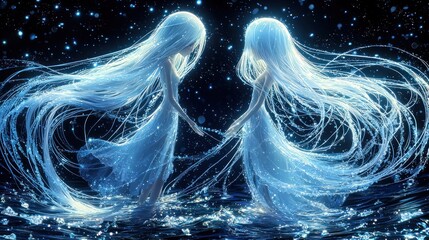 Two ethereal figures with long flowing hair, standing in a mystical night scene