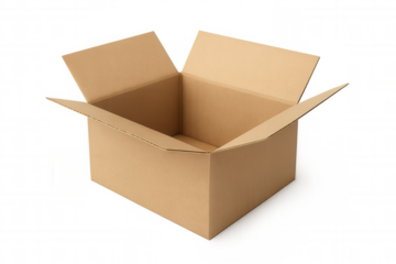 Vacant cardboard shipping container, transparent backdrop, presenting packaging and storage potential for various logistics requirements