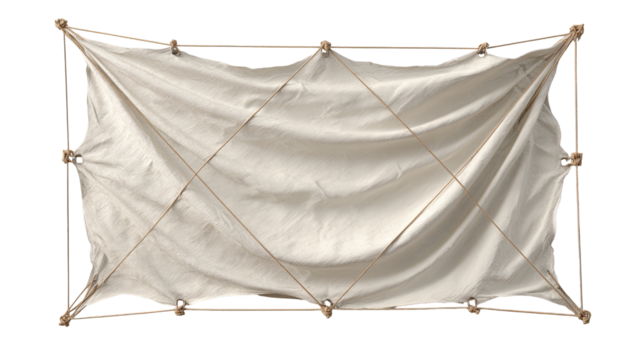 Cream-colored fabric stretched taut between wooden supports, forming a rectangular shape