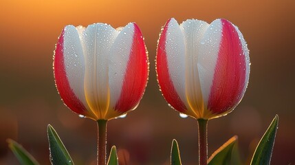 Two vibrant tulips, striped red and white, adorned with morning dew drops, bathed in golden sunlight